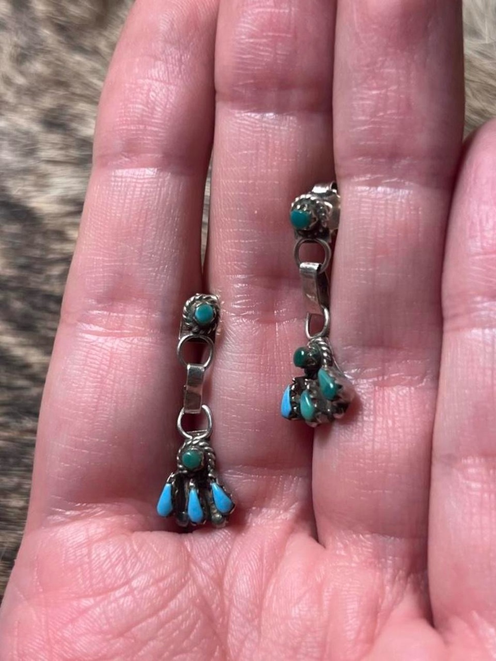 Sterling silver Native American Zuni needlepoint / petit point drop earrings